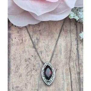 17" Silver Tone Dainty Chain Pendant Necklace Faux Red Ruby & Rhinestone Accents